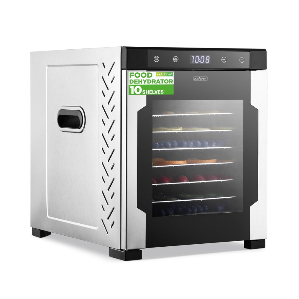 NutriChef Electric Countertop Food Dehydrator-900-Watt Premium Multi-Tier: Save Time v. 600W. Make Jerky, Dried Fruit/Veggies, Dog Treats, Yogurt, 10 Stainless Steel Trays, Digital Timer, Temp Control
