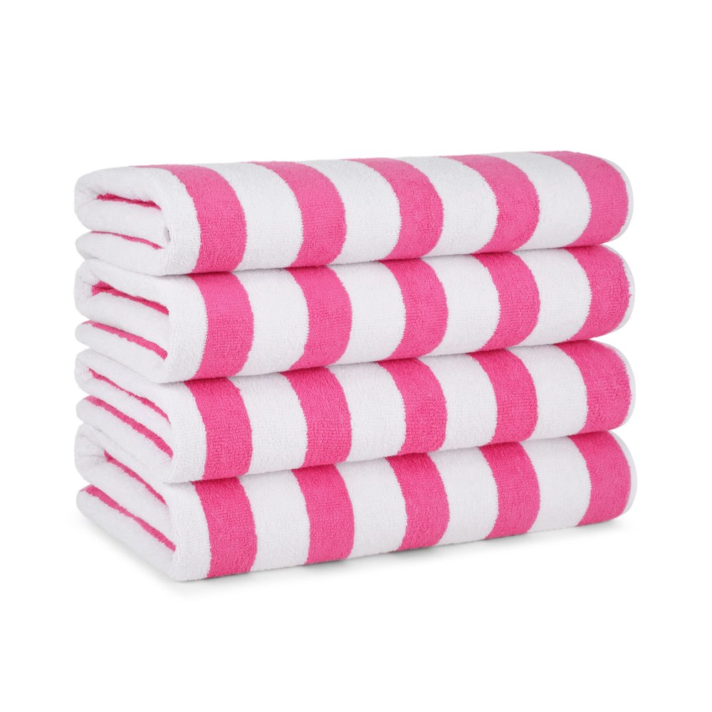 Arkwright Cali Cabana Stripe Beach Towel - Pack of 4, Soft Quick Dry 100% Cotton Terry Towels Set for Pool, Swim, and Hot Tub, 30 x 60 in, Pink