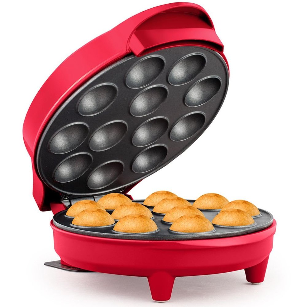 Holstein Housewares 12-Count Cake Pop Maker with Non-Stick Plates & Indicator Lights Bakes 12 Sweet or Savory Pops Fast, Perfect for Birthday Treats & Holiday Party Snacks, Red