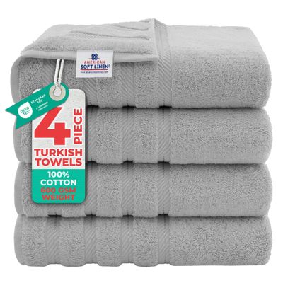 American Soft Linen Luxury 4 Piece Bath Towel Set, 600 GSM 100% Cotton Turkish Bath Towels for Bathroom, 27x54 in Large Bathroom Shower Towels, Light Grey