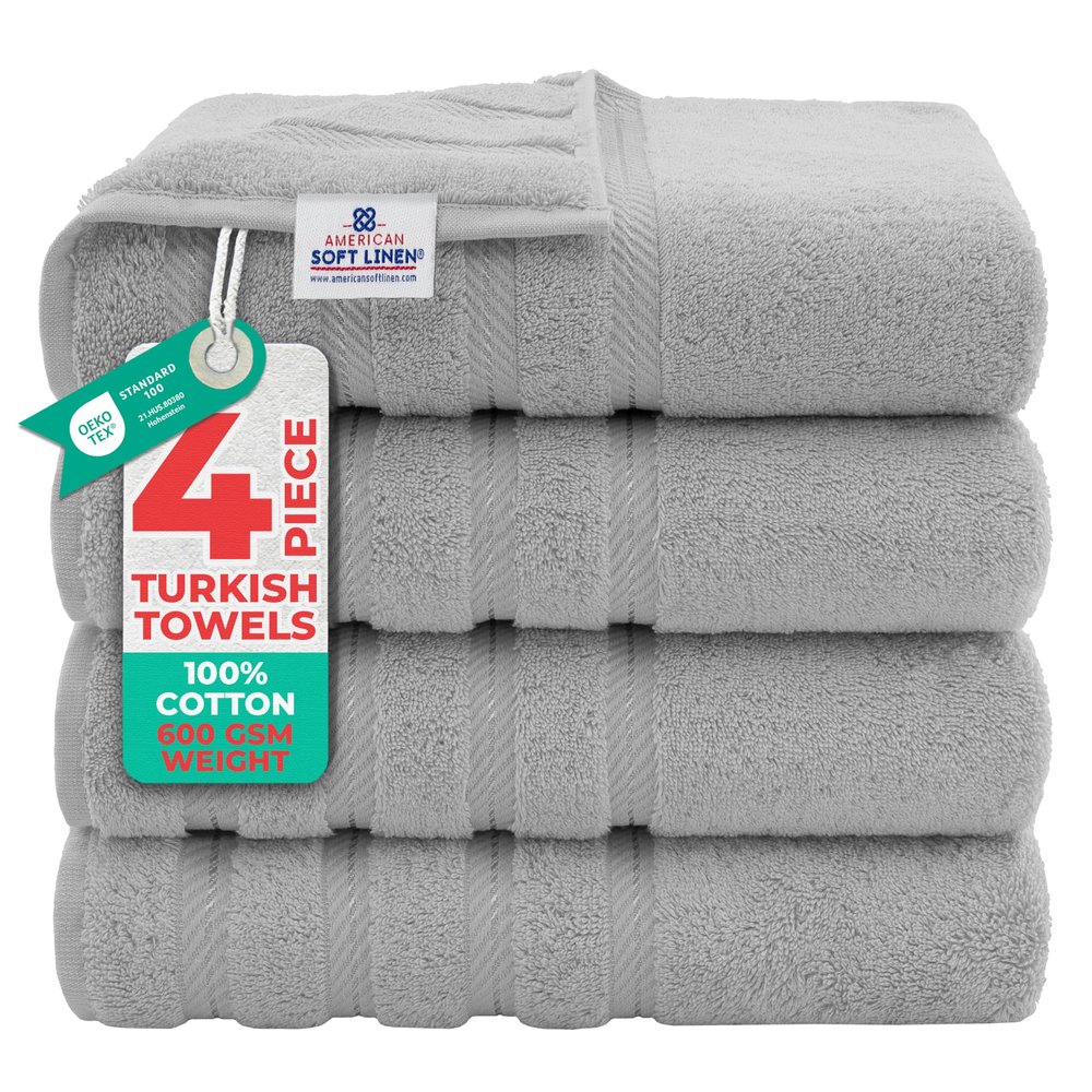 American Soft Linen Luxury 4 Piece Bath Towel Set, 600 GSM 100% Cotton Turkish Bath Towels for Bathroom, 27x54 in Large Bathroom Shower Towels, Light Grey