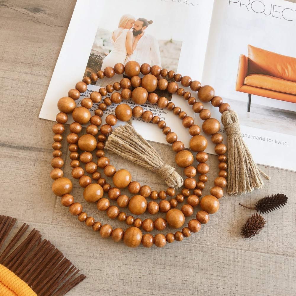 Anntool Wood Bead Garland 7.4 Feet, Rustic Brown Wooden Beaded Garland for Holiday Decor, Farmhouse Wall Hanging Ornament for Home Decor, Prayer Beads Gift