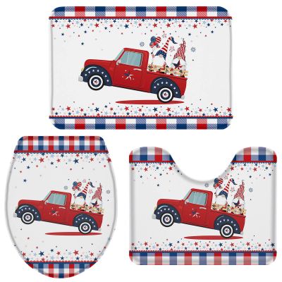 3 Pieces Bathroom Rugs and Mats Sets American Patriotic Gnome on Farm Truck, Non Slip Water Absorbent Bath Rug, Toilet Seat/Lid Cover, U-Shaped Toilet Mat, Home Decor Doormats Stars and Buffalo Grid
