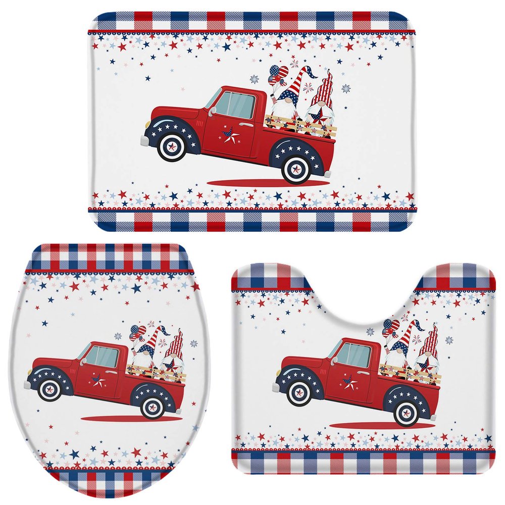 3 Pieces Bathroom Rugs and Mats Sets American Patriotic Gnome on Farm Truck, Non Slip Water Absorbent Bath Rug, Toilet Seat/Lid Cover, U-Shaped Toilet Mat, Home Decor Doormats Stars and Buffalo Grid
