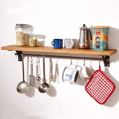 60cm Floating Shelves Wall Mounted,Rustic Wood Wall Storage Shelf,with Towel Bar and 6 Removable Hooks,Decorative Wall Shelf,Load Capacity 15kg,for Bathroom, Bedroom, Living Room