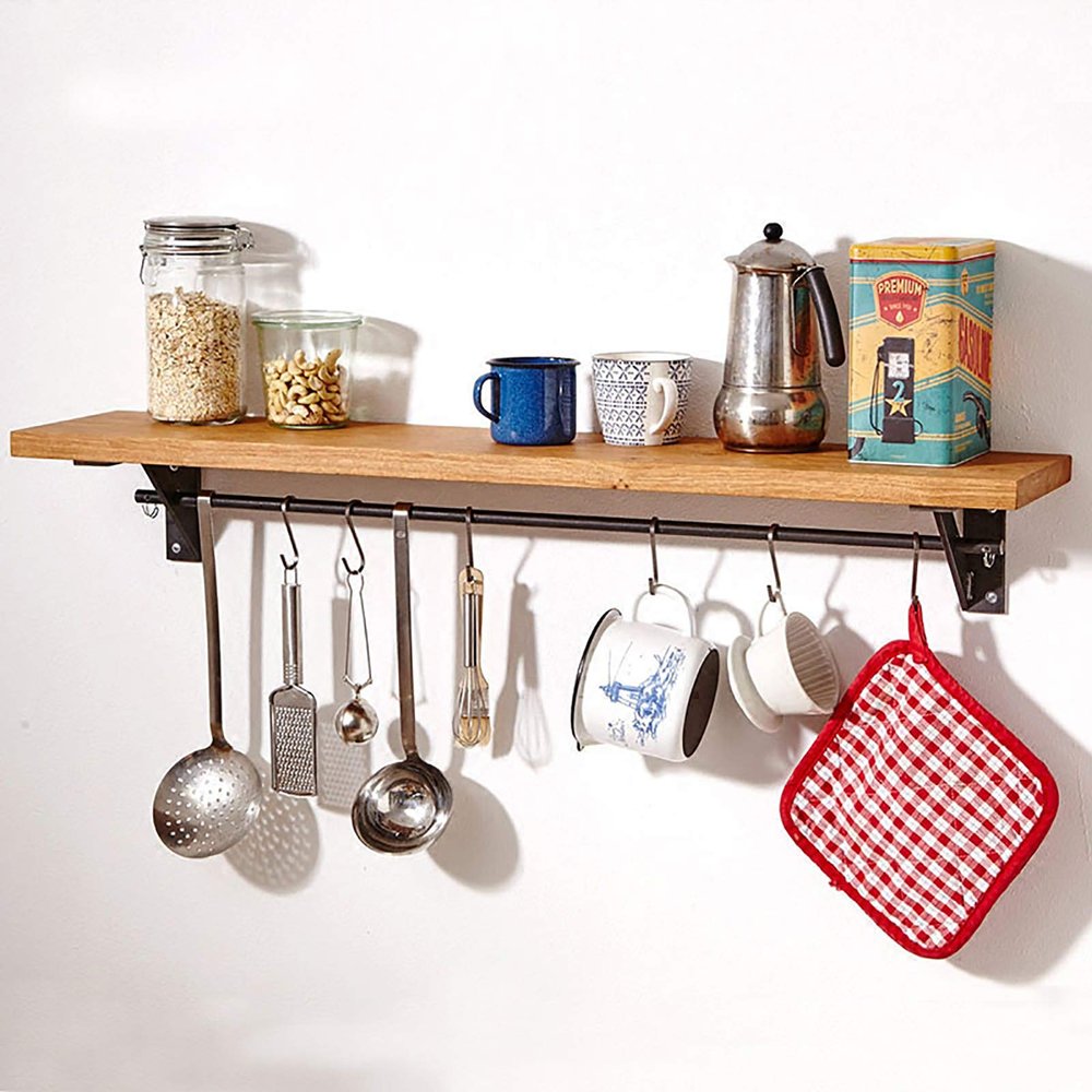 60cm Floating Shelves Wall Mounted,Rustic Wood Wall Storage Shelf,with Towel Bar and 6 Removable Hooks,Decorative Wall Shelf,Load Capacity 15kg,for Bathroom, Bedroom, Living Room