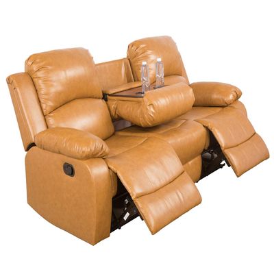 A Ainehome Recliner Sofa Bonded Leather Motion Sofa Recliner Couch 3 Seater Manual Reclining with Drop Down Table for Living Room (Ginger,Sofa)