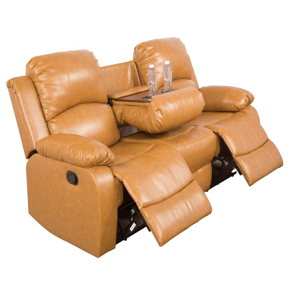 A Ainehome Recliner Sofa Bonded Leather Motion Sofa Recliner Couch 3 Seater Manual Reclining with Drop Down Table for Living Room (Ginger,Sofa)