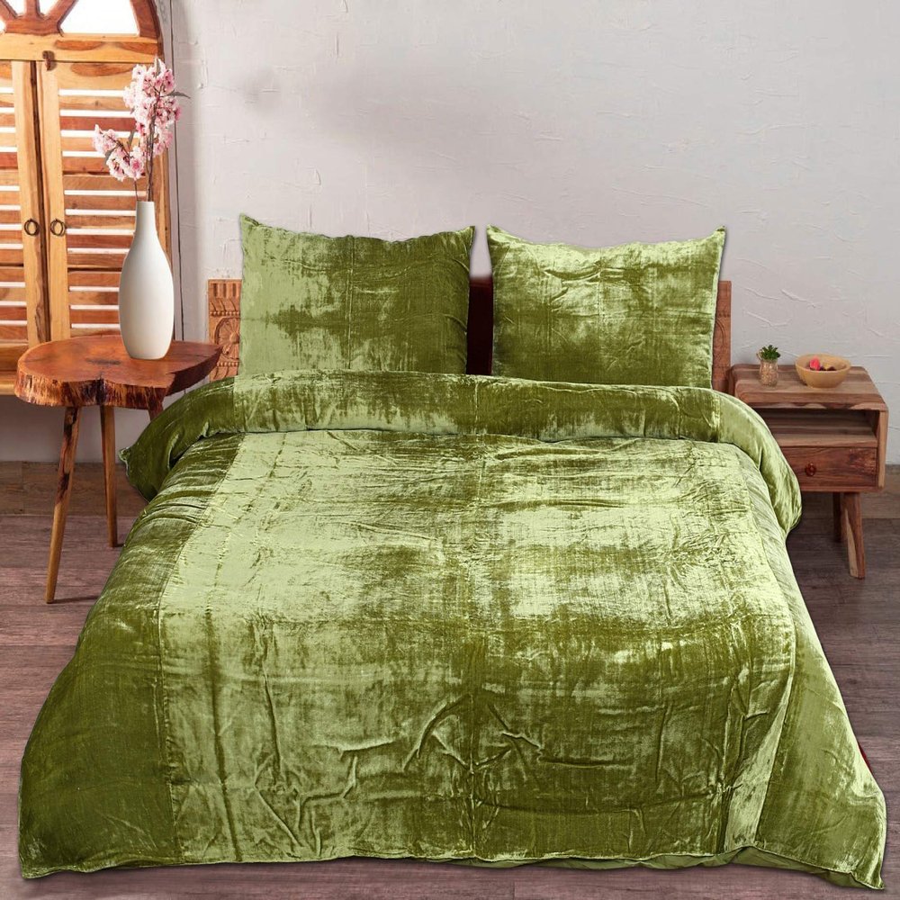 The Harry Creations 3 Pcs Set Solid Pattern Velvet Bedding Ultra Donna Crushed Luxury Boho Duvet Cover (Green, Full 80 inches x 90 inches)
