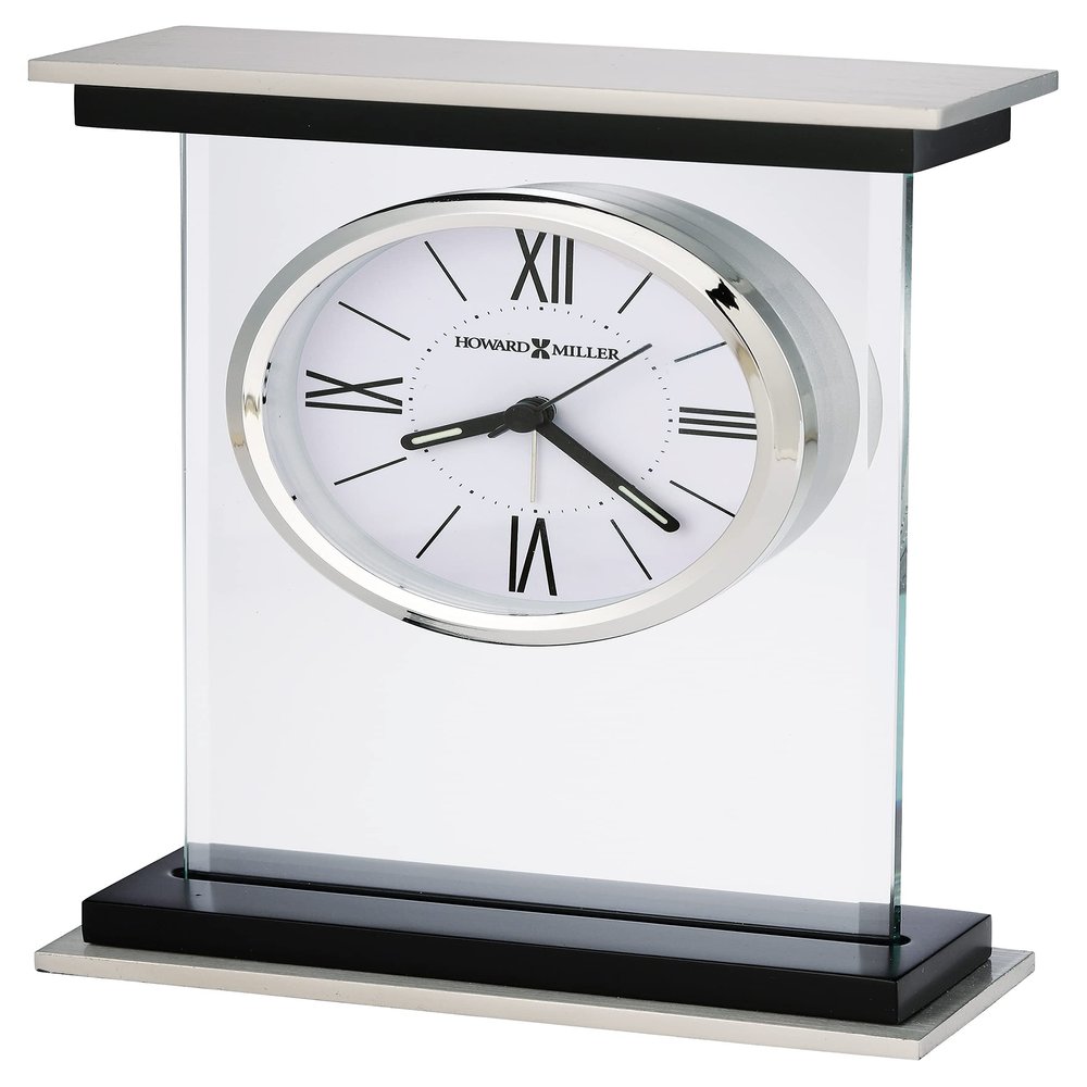 Howard Miller Bryant Tabletop Alarm Clock Modern Desk Clock with Silent Sweep Seconds Luminous Hands Roman Numeral Markers & Bracket Style Design Satin Finish for Home Office & Desktop Decor