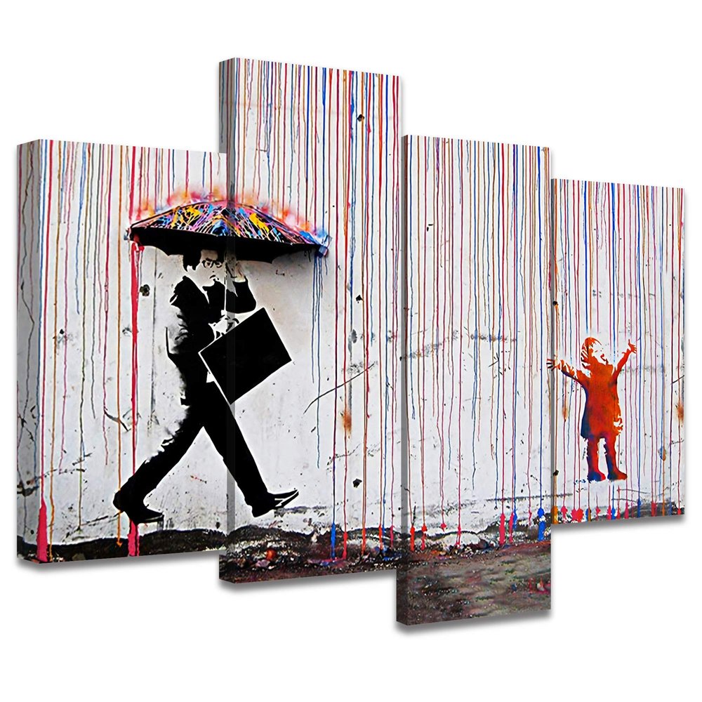 SIGNLEADER 4 Panel Large Banksy Coloured Rain Graffiti Canvas Wall Art for Living Room Bedroom Home Office Wall Decor - 48"x35.75"