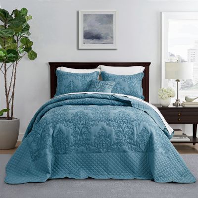 CHIXIN Bedspread Coverlet Set Queen Size - Lightweight Bedding Cover - Beautiful Stitching - 5 Piece Reversible Bedspread - Luxury Damask Paisley Pattern (Queen, Lagoon)