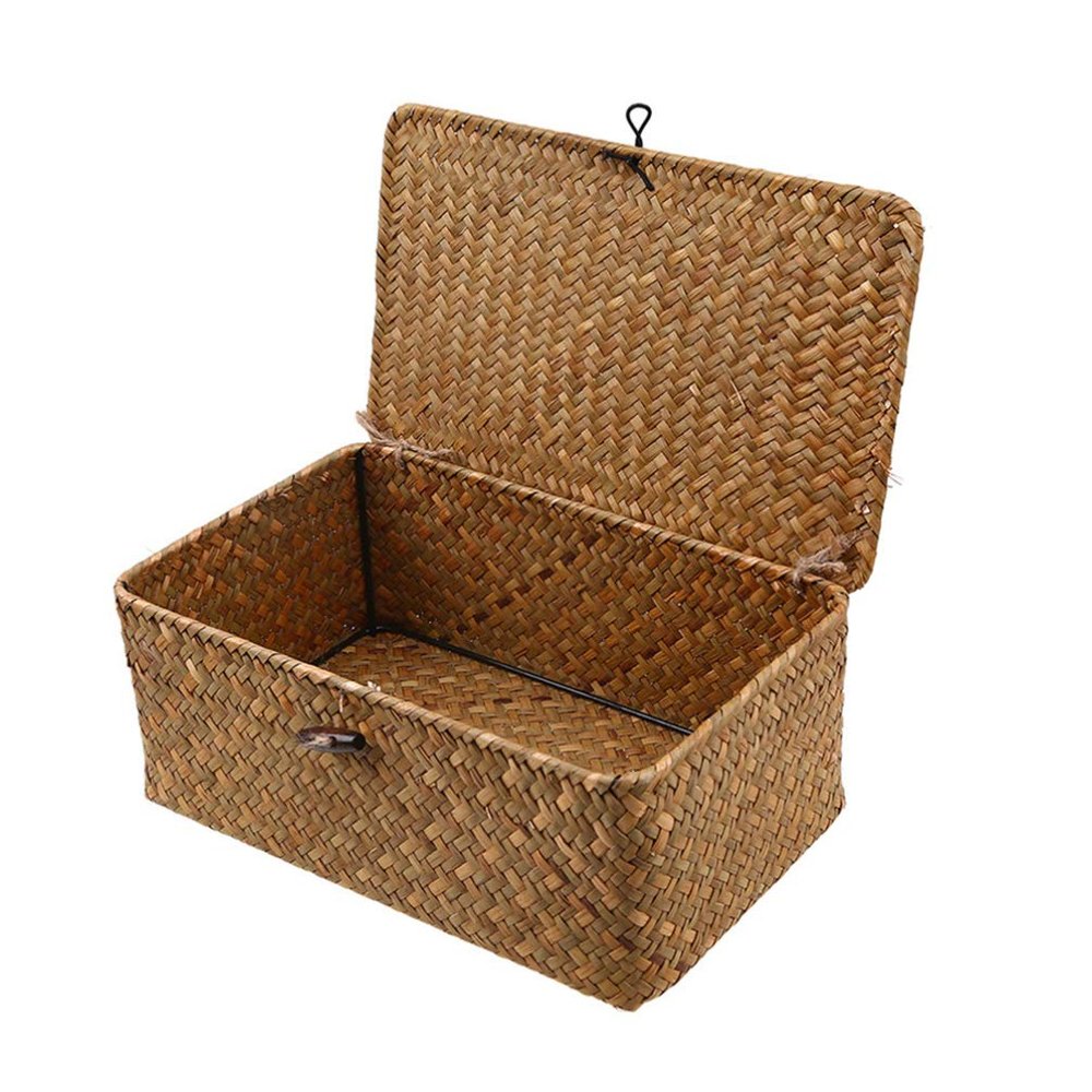 3pcs Handwoven Natural Seagrass Storage Rectangular Handmade Wicker Multipurpose Container with Lid (3 Sizes)