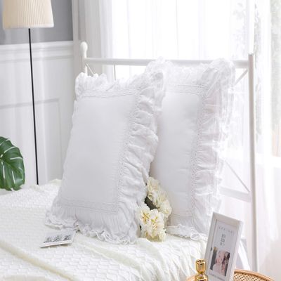 2-Pack Luxury Lace White Euro Shams Throw Pillow Covers Cushion Cases with Ruffles Cotton 26"X26" Zipper Closure Elegant