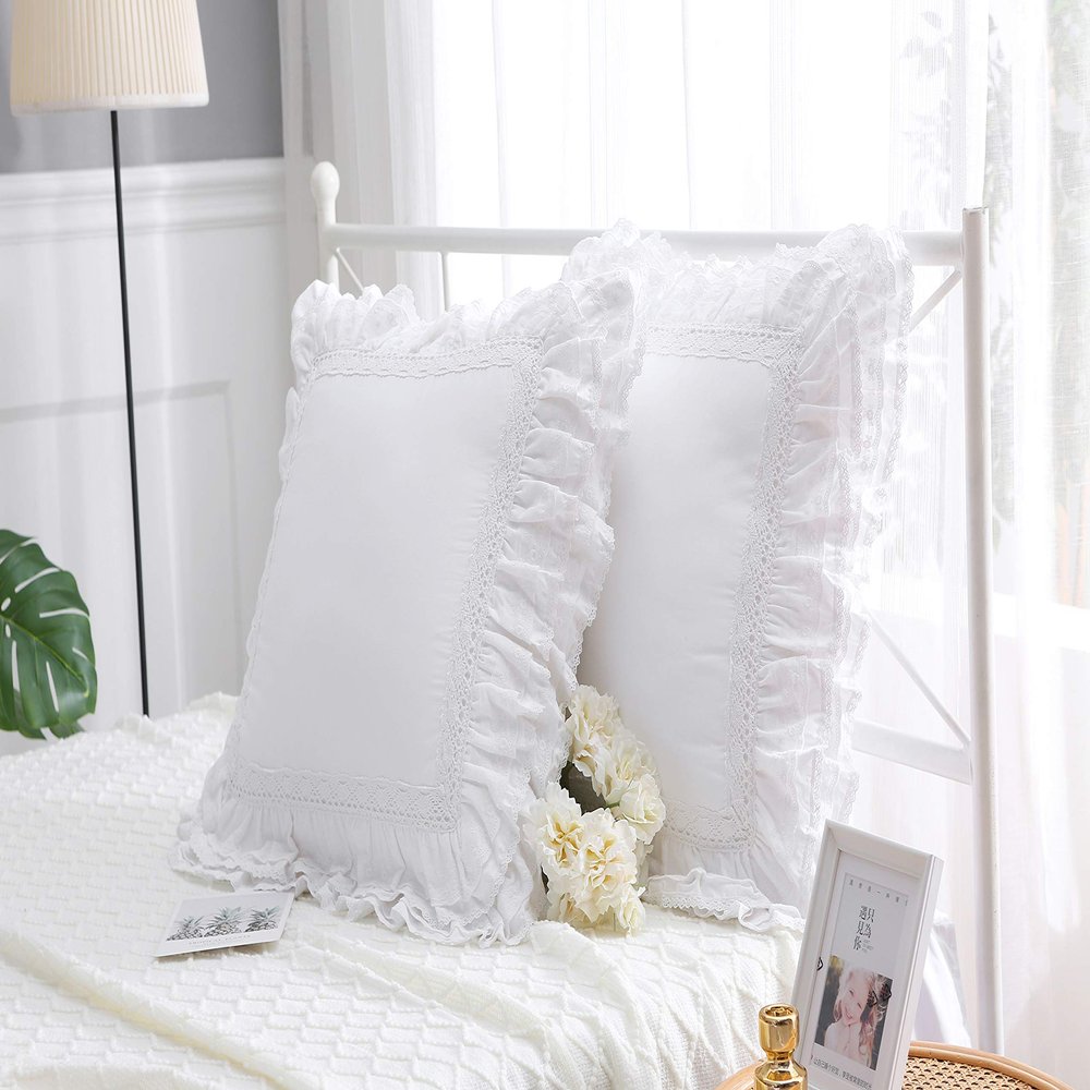 2-Pack Luxury Lace White Euro Shams Throw Pillow Covers Cushion Cases with Ruffles Cotton 26"X26" Zipper Closure Elegant