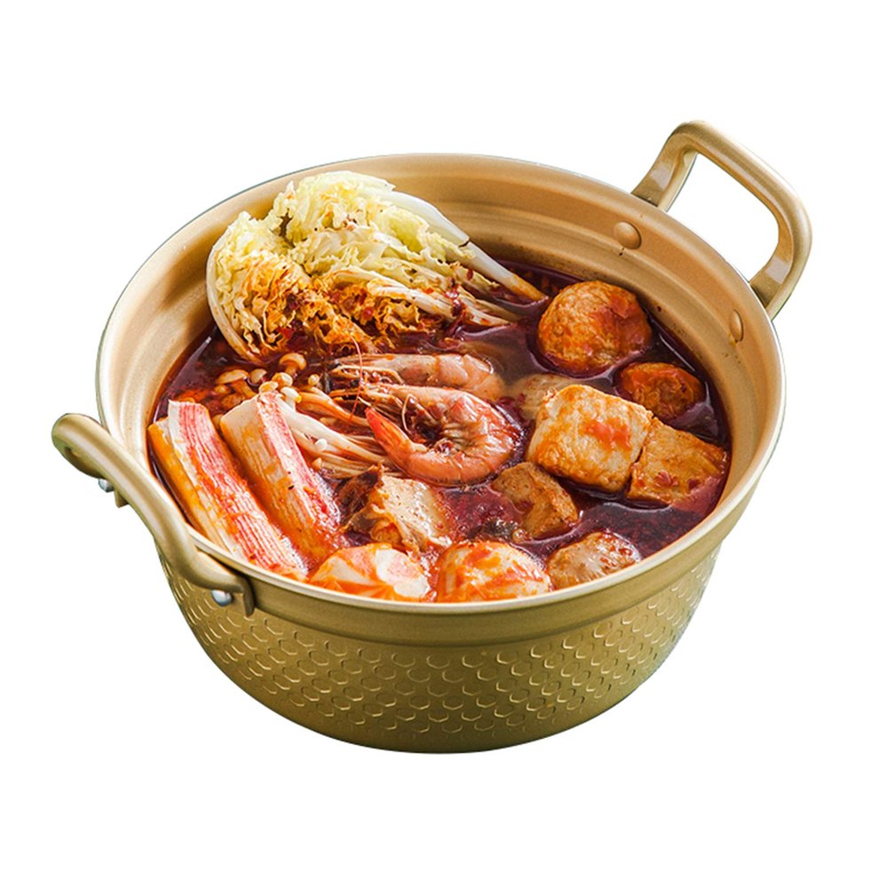 AIZYR Korean Ramen Noodle Pot with Double Handle and Anti-scalding Gloves, Korean Yellow Aluminum Stockpot Instant Noodles Pot
