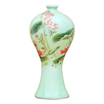 LKXHarleya Chinese Style Bean Green Glaze Porcelain Vase, Jingdezhen Ceramic Flower Vase, Arrangement Crafts Office Home Decor, W