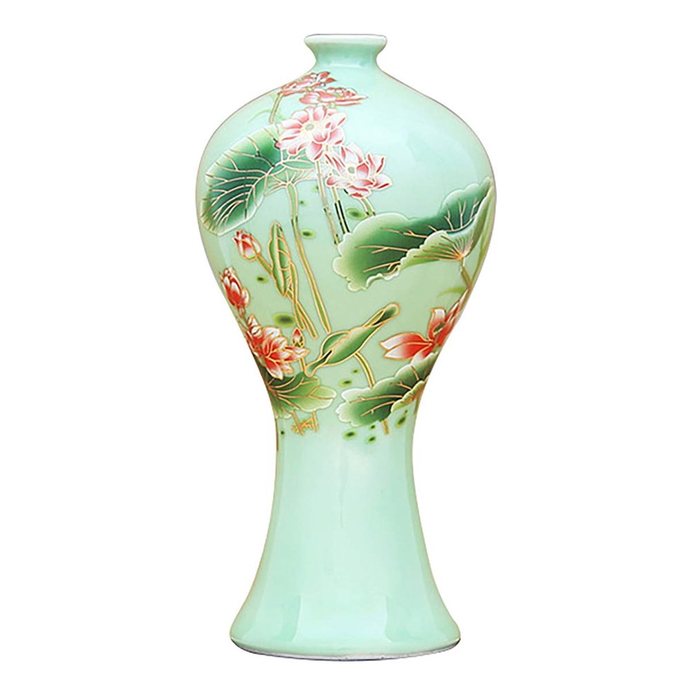LKXHarleya Chinese Style Bean Green Glaze Porcelain Vase, Jingdezhen Ceramic Flower Vase, Arrangement Crafts Office Home Decor, W