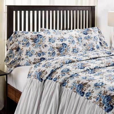 VHC Brands Annie Blue Floral King Pillow Case (w/ 8" Ruffle)- Set of 2, Vintage Farmhouse
