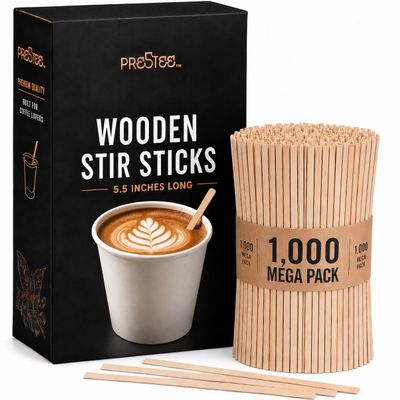 1000 Wooden Coffee Stirrer by Prestee - Disposable 5.5 inches Long Wooden Stir Sticks for Coffee and Cocktails - Smooth, Splinter-Free Beverage Mixers - Ideal for Cafe, Bars and Drink Stations