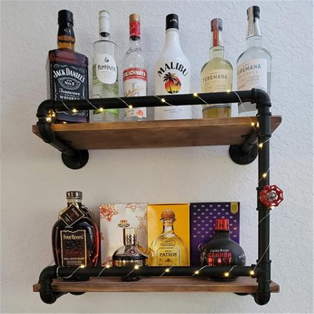 2-Tiers Rustic Wine Glass Rack Hanging Wall Mounted with 4 Stem Glass Holder, Industrial Pipe Wine Racks, Metal Spice and Wine Glass Rack Wine Holder, 24in Wine Glass Wall Shelf Pipe Shelves (24IN)