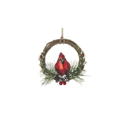 RAZ Imports 4152887 Cardinal on Wreath Ornament, 4.5-inch Diameter, Glass