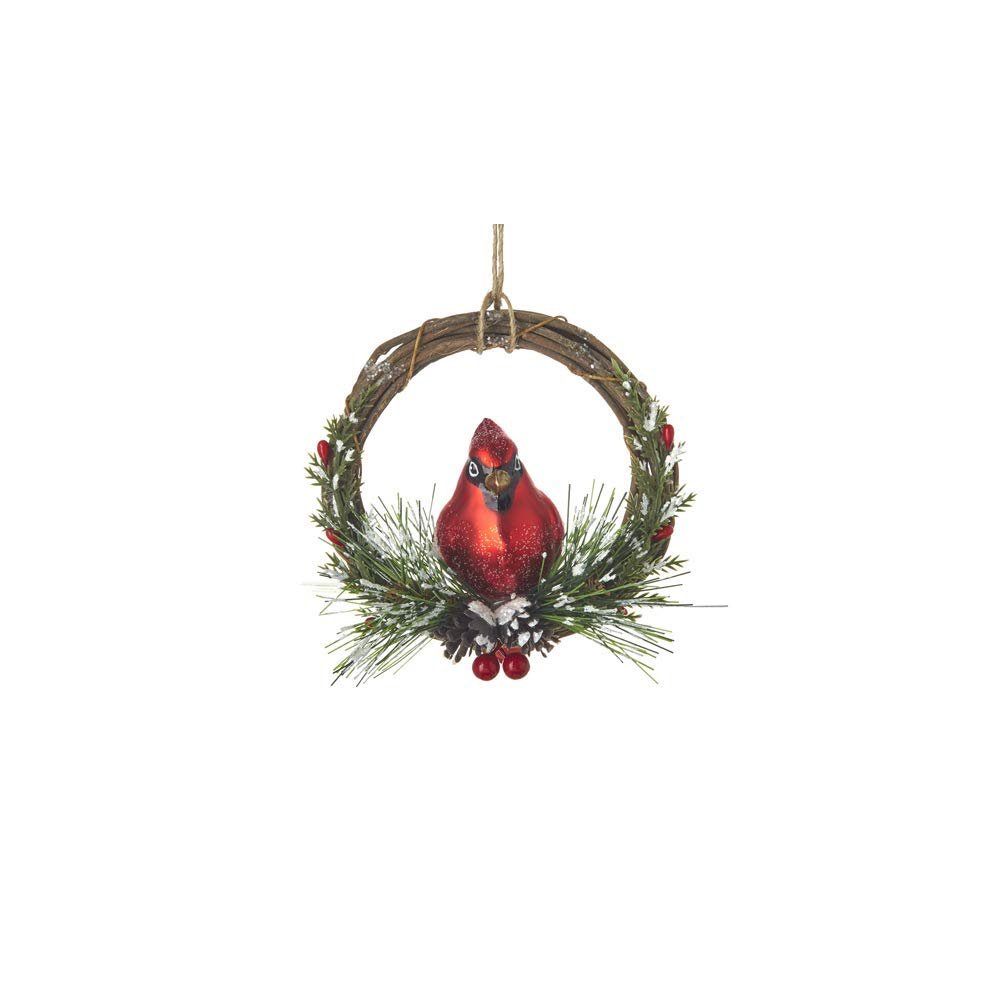RAZ Imports 4152887 Cardinal on Wreath Ornament, 4.5-inch Diameter, Glass