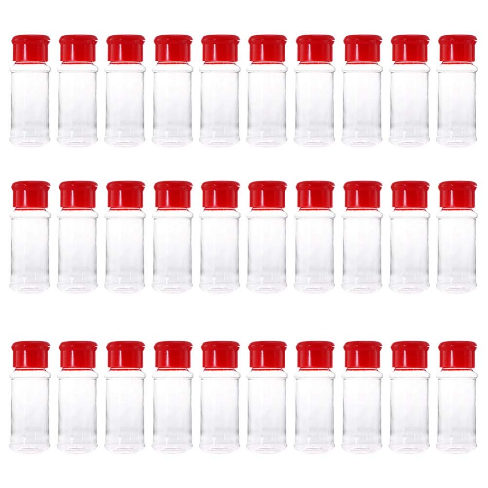 Hemoton 30Pcs Plastic Spice Jars Bottles 3. 5 Oz/ 100ml Empty Seasoning Containers with Cap for Condiment Salt Pepper Powder (Red)