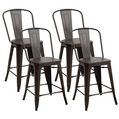 GOFLAME Set of 4 Modern Dining Side Chairs with High Backrest, Stackable Industrial Metal Bar Stool with Solid Chrome Legs, Indoor Outdoor Stools with Wooden Seat for Kitchen, Restaurant, Cafe, Gun