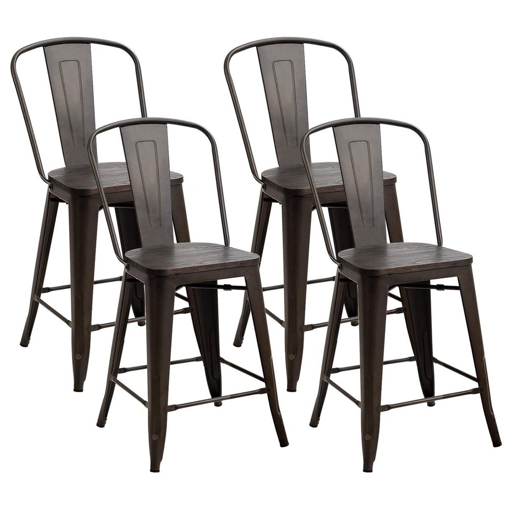 GOFLAME Set of 4 Modern Dining Side Chairs with High Backrest, Stackable Industrial Metal Bar Stool with Solid Chrome Legs, Indoor Outdoor Stools with Wooden Seat for Kitchen, Restaurant, Cafe, Gun