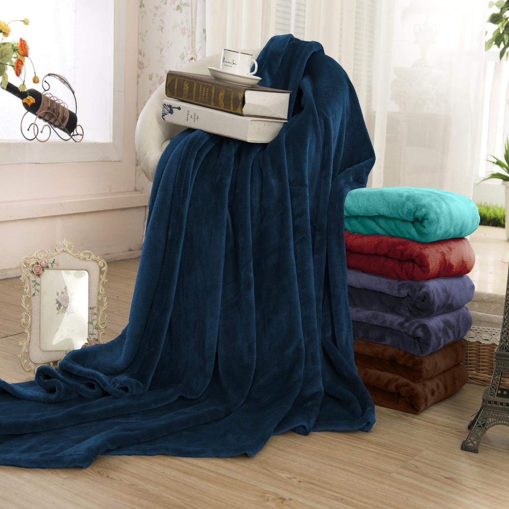 Super Soft Brethable Reversible Flannel Fleece Bed Warm Leightweight Bed Sofa Blancket 100% Microfiber. (Navy Blue, 90x90)