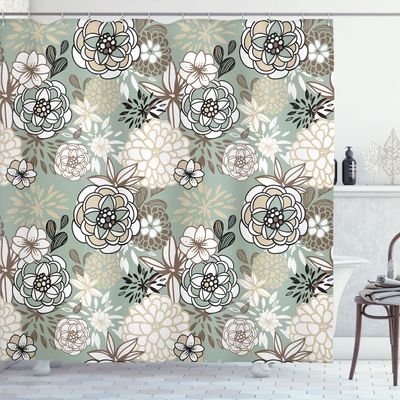 Ambesonne Floral Shower Curtain, Vintage Romantic Wildflowers in Various Kinds Doodle Drawing Style Love, Cloth Fabric Bathroom Decor Set with Hooks, 69" W x 84" L, Pale Sage