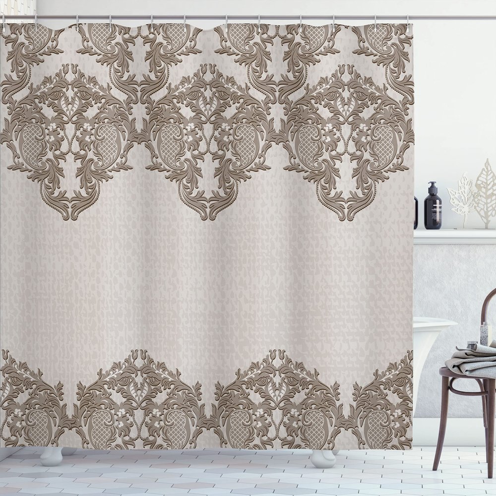 Ambesonne Floral Shower Curtain, Lace Like Framework Borders with Details Delicate Intricate Retro Dated Print, Cloth Fabric Bathroom Decor Set with Hooks, 69" W x 84" L, Pale Taupe