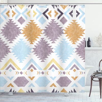 Ambesonne Tribal Shower Curtain, Retro Grunge Maya Latin Mexican Animistic Motifs Hippie Arrows Image, Cloth Fabric Bathroom Decor Set with Hooks, 69" W x 75" L, Pale Blue