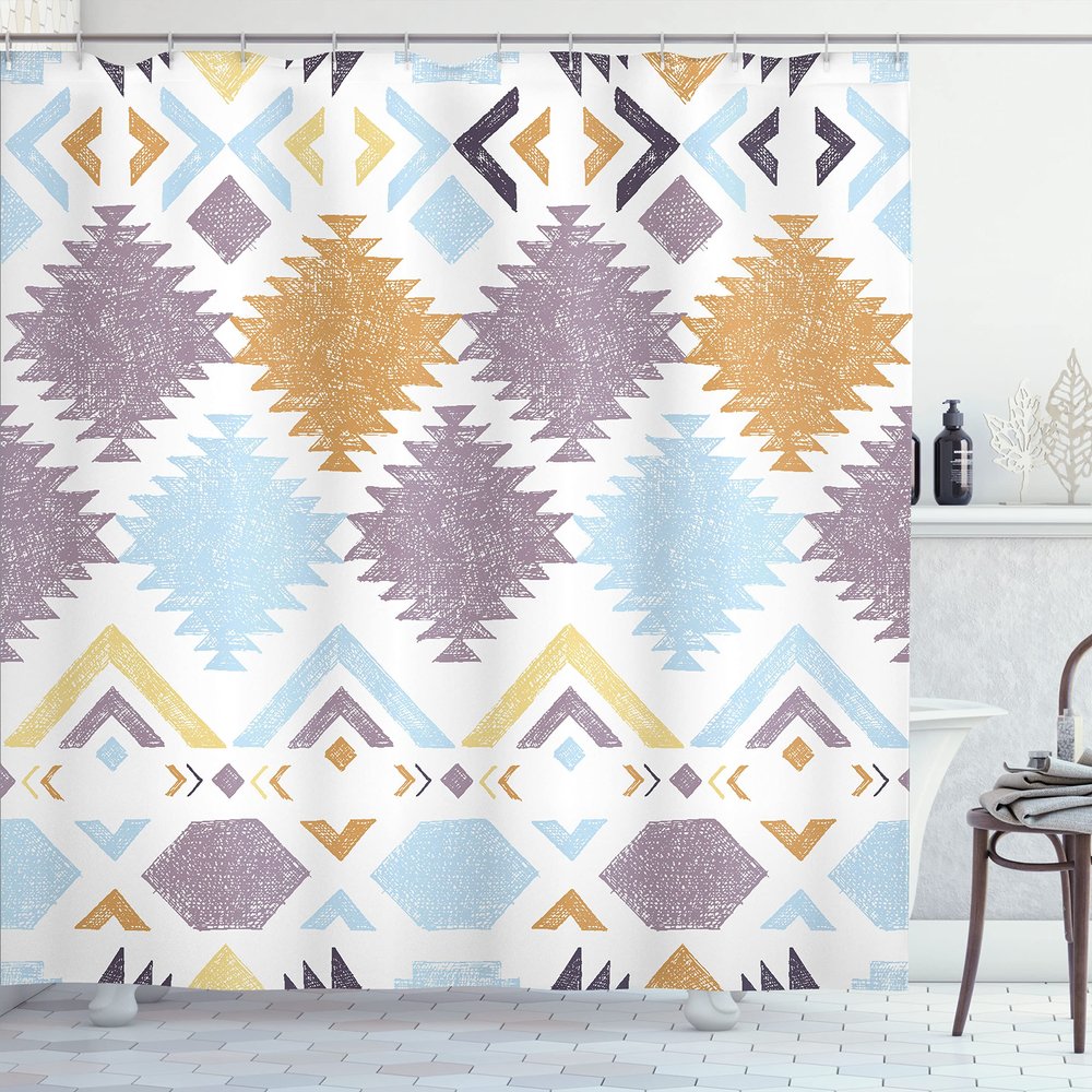 Ambesonne Tribal Shower Curtain, Retro Grunge Maya Latin Mexican Animistic Motifs Hippie Arrows Image, Cloth Fabric Bathroom Decor Set with Hooks, 69" W x 75" L, Pale Blue