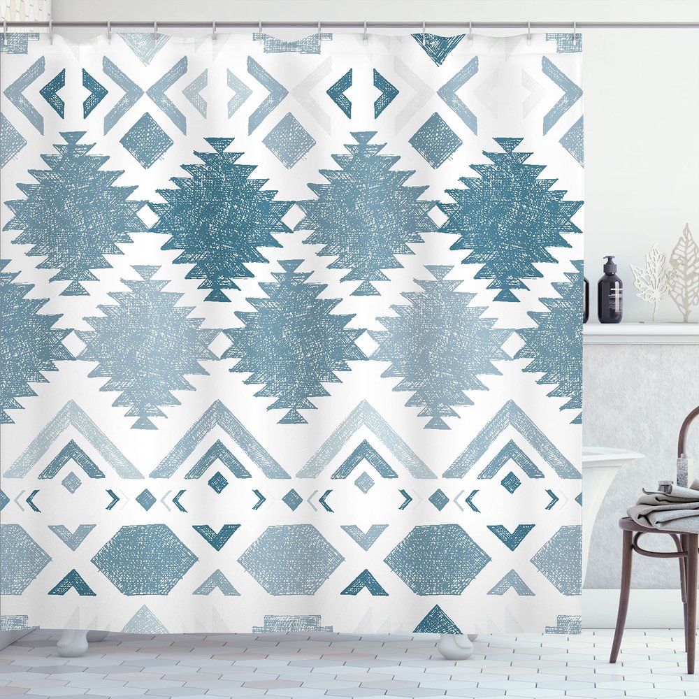 Ambesonne Tribal Shower Curtain, Retro Grunge Maya Latin Mexican Animistic Motifs Hippie Arrows Image, Cloth Fabric Bathroom Decor Set with Hooks, 69" W x 84" L, Blue Pale Grey