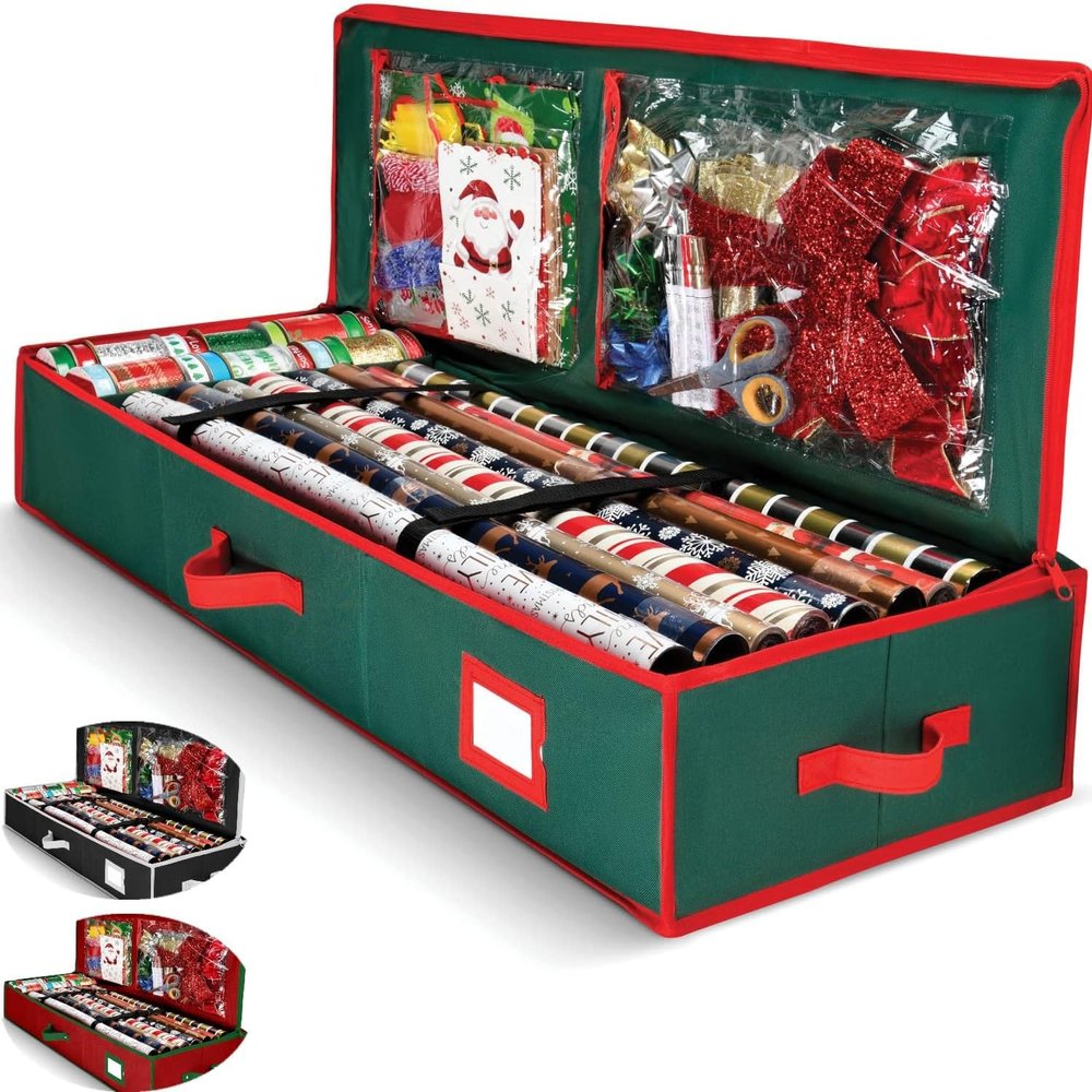 Premium Wrapping Paper Organizer Storage | Gift Wrap Holder With Extra Pockets for Christmas Decorations, Reinforced Handles, Heavy Duty, Ultra-Durable, Tear-Proof Fabric - Fits Up to 27 Rolls (Green)