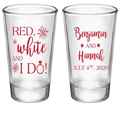 4th of July wedding favors, red white and i do, personalized wedding shot glasses, personalized wedding favors in bulk, patriotic wedding favors