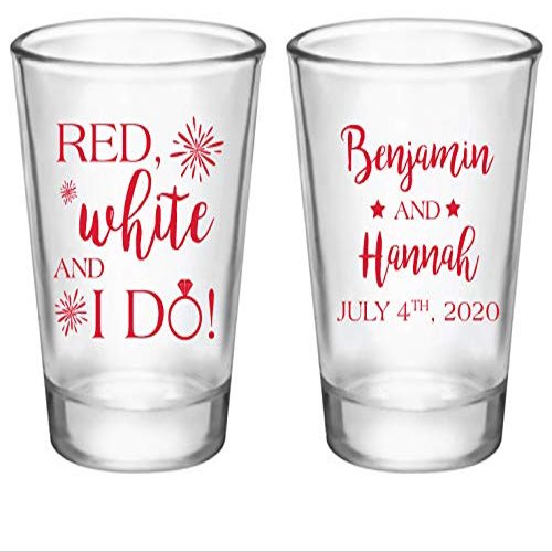 4th of July wedding favors, red white and i do, personalized wedding shot glasses, personalized wedding favors in bulk, patriotic wedding favors