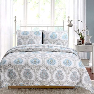 3-Piece Queen Size Cotton Light Aqua Blue Gray Floral Brocade Damask Reversible Queen Quilt Bedding Set