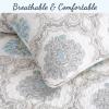 3-Piece Queen Size Cotton Light Aqua Blue Gray Floral Brocade Damask Reversible Queen Quilt Bedding Set view 2