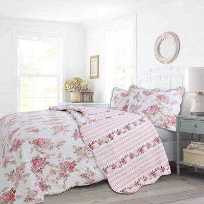 3-Piece Cotton Queen Quilt Bedding Set, Romantic Cottage Peachy Pink Peony Shabby Chic Chintz Floral Stripe Lightweight Reversible Coverlet Bedspread for All Season