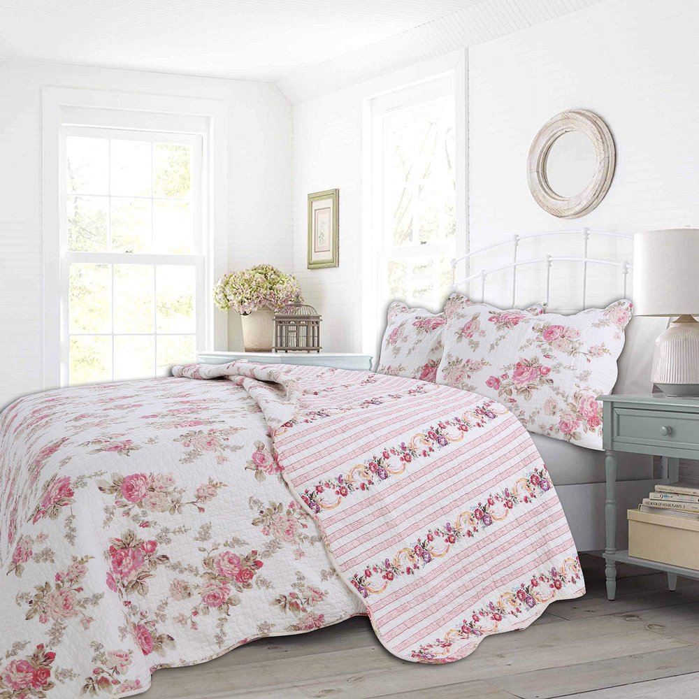 3-Piece Cotton Queen Quilt Bedding Set, Romantic Cottage Peachy Pink Peony Shabby Chic Chintz Floral Stripe Lightweight Reversible Coverlet Bedspread for All Season
