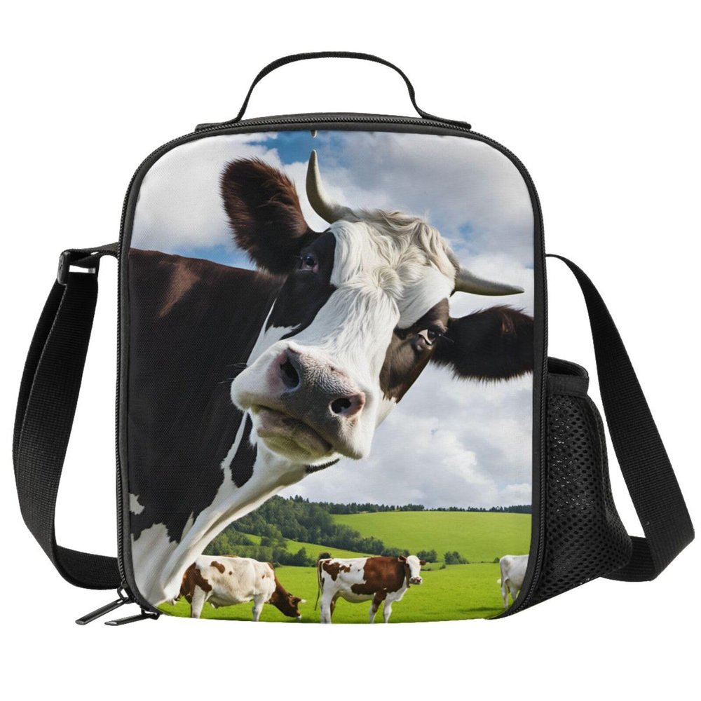 PrelerDIY Cow Lunch Box - Insulated Lunch Box for Kids Funny 3D Design with Side Pocket & Shoulder Strap Lunch Bag, Perfect for School/Camping/Hiking/Picnic/Beach/Travel