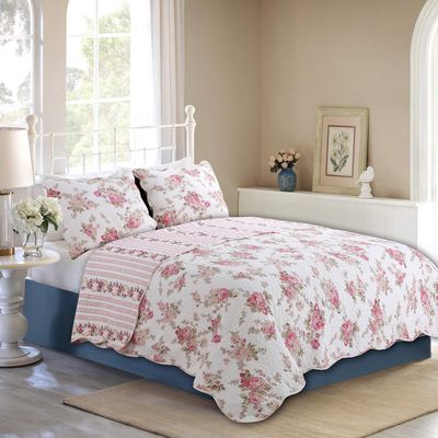 3-Piece Romantic Cottage Peachy Pink Peony Shabby Chic Chintz Floral Stripe Cotton King Quilt Bedding Set by Cozy Line Home Fashions