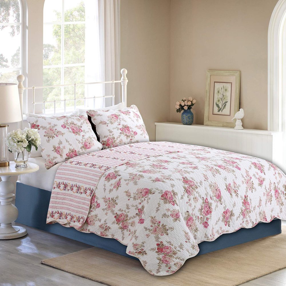3-Piece Romantic Cottage Peachy Pink Peony Shabby Chic Chintz Floral Stripe Cotton King Quilt Bedding Set by Cozy Line Home Fashions
