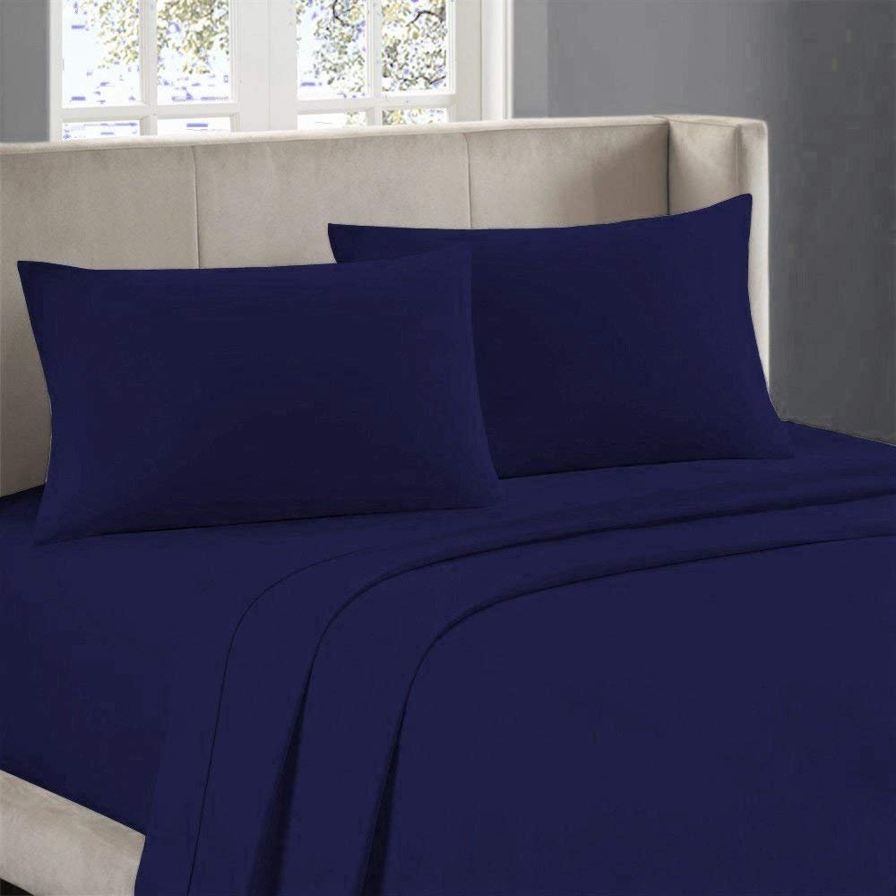 1000-Thread-Count 100% Egyptian Cotton Bed Sheet, 4-Pc Queen Navy Blue Solid Sheet Set Single Ply Long Staple Cotton Yarns, Sateen Weave, Fits Mattress Upto 8" Deep Pocket