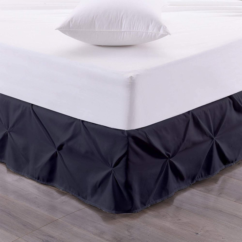 100% Egyptian Cotton 700-TC 1-Piece Pinch Pleat Bed Skirt 8" inch Drop Long Staple Durable Comfortable with Split Corners - (Queen -Black Solid)