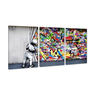 MAMAGO 3 Panels Graffiti Canvas Wall Art Behind the Curtain Banksy Poster Colorful Street Pop Artwork for Living Room Bedroom Office Modern Wall Decor Framed Ready to Hang-24"x36"x3pcs