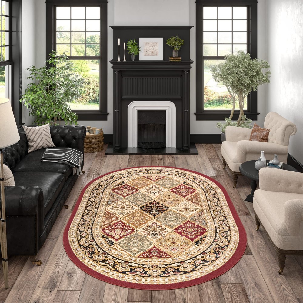 5x7 Oval Indoor Area Rug for Living Room, Dining Room, Bedroom, Entryway | Alfombras para Salas | Traditional, Oriental | Red 5'3'' x 7'3'' Oval